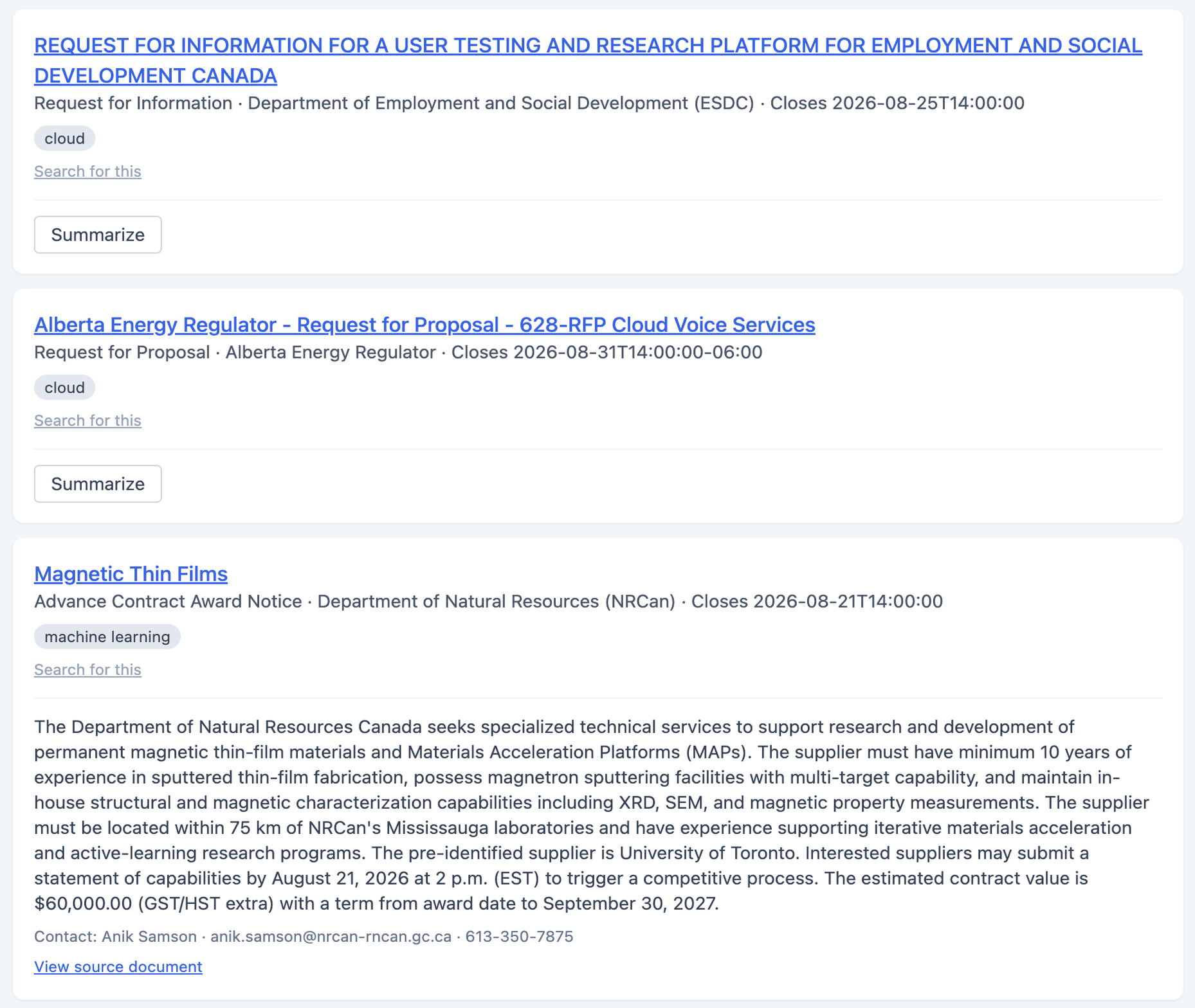 Amazon Bedrock tender summary with scope, deadline, requirements, and procurement contact