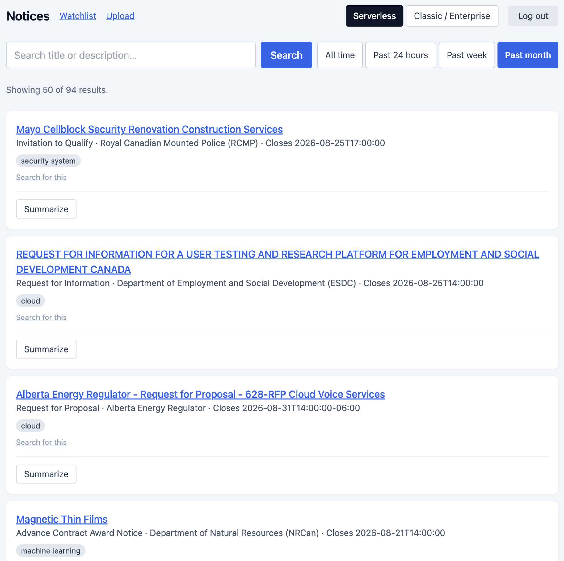 Searchable procurement notice feed with Canadian public sector opportunities